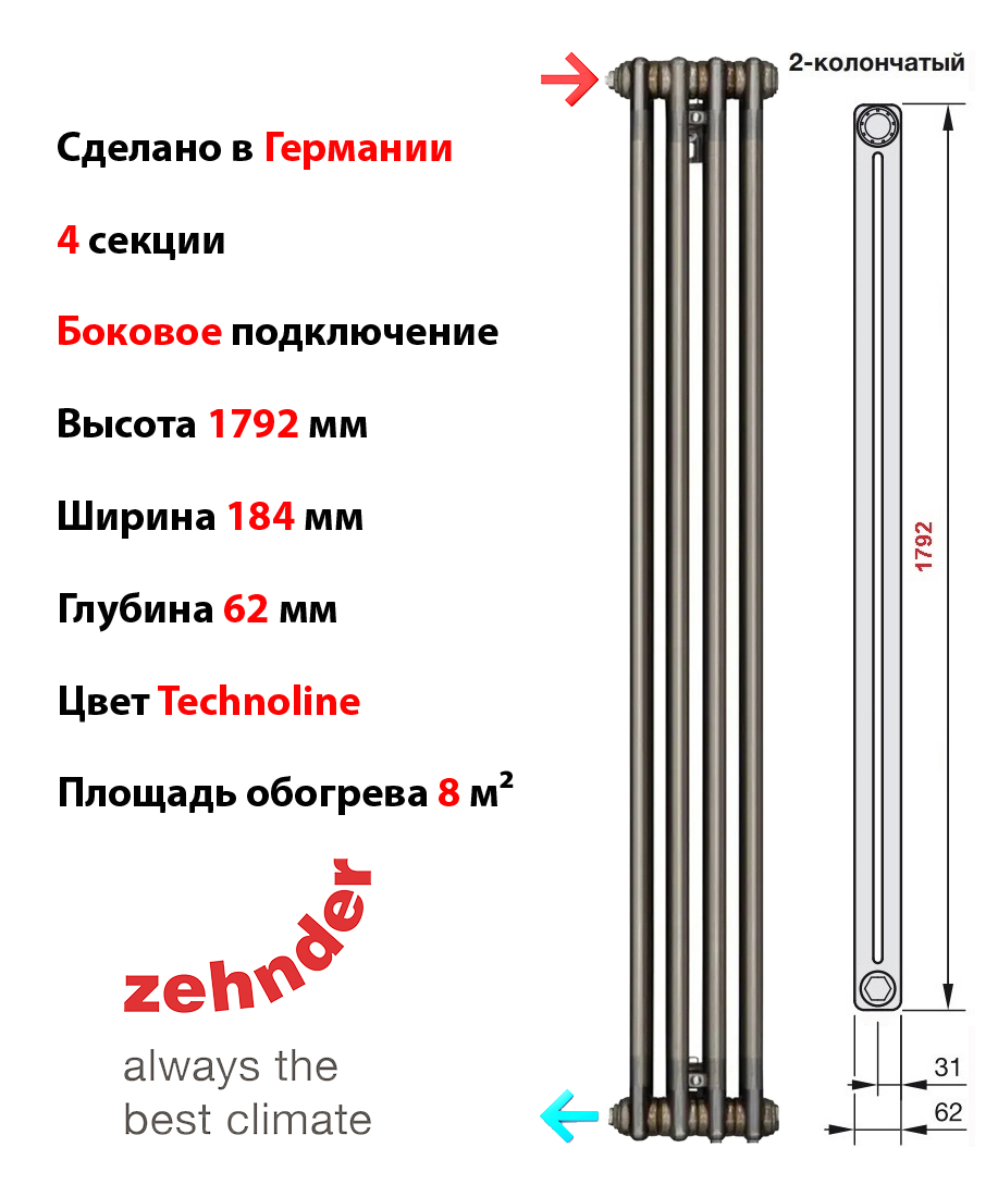 Стальной радиатор трубчатый Zehnder Charleston 2180-4 секций, технолан боковое подключение