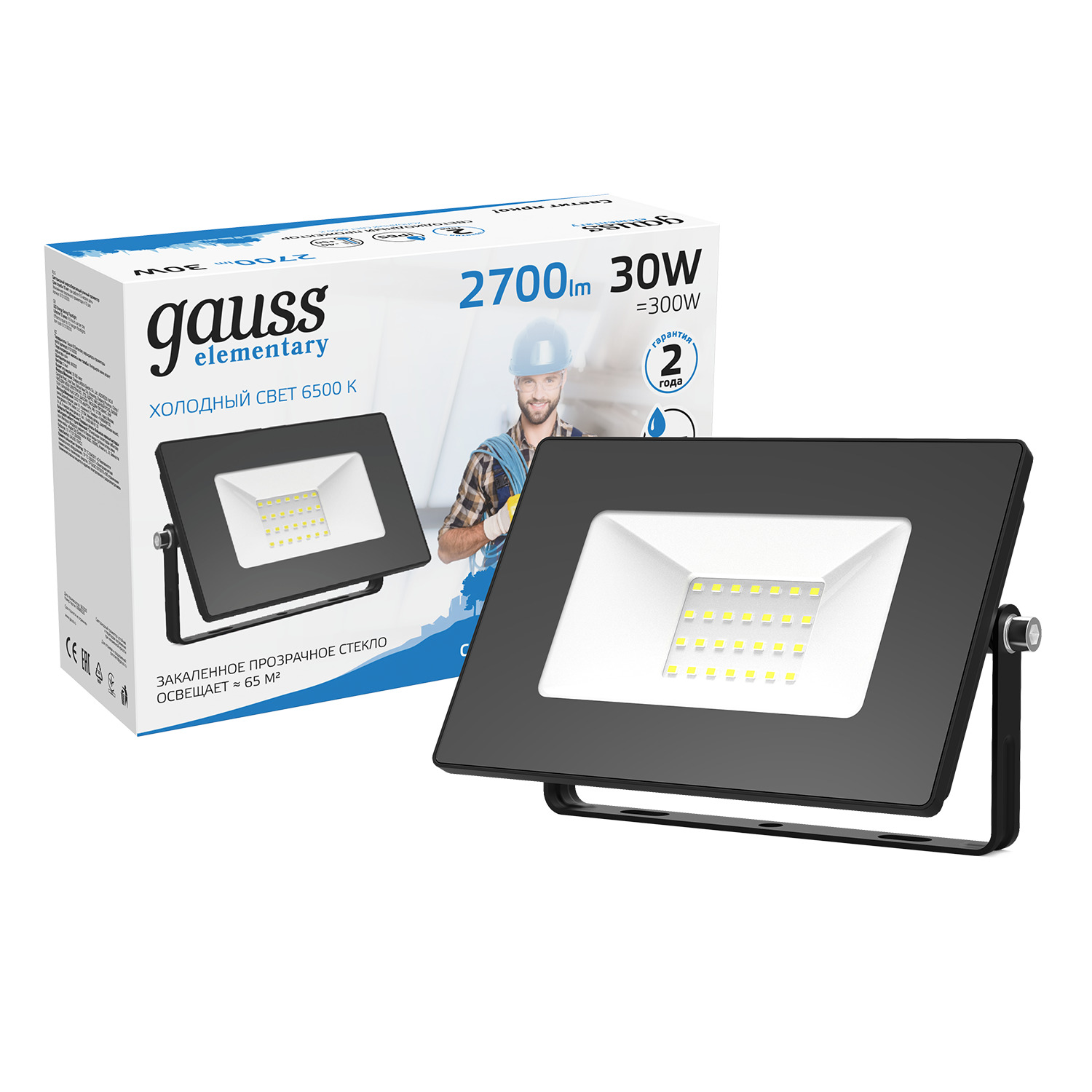 Прожектор Gauss Elementary 30W 2700lm 6500К 200-240V IP65 черный LED прожектор gauss led qplus 30w 2700lm ip65 6500к 1 30