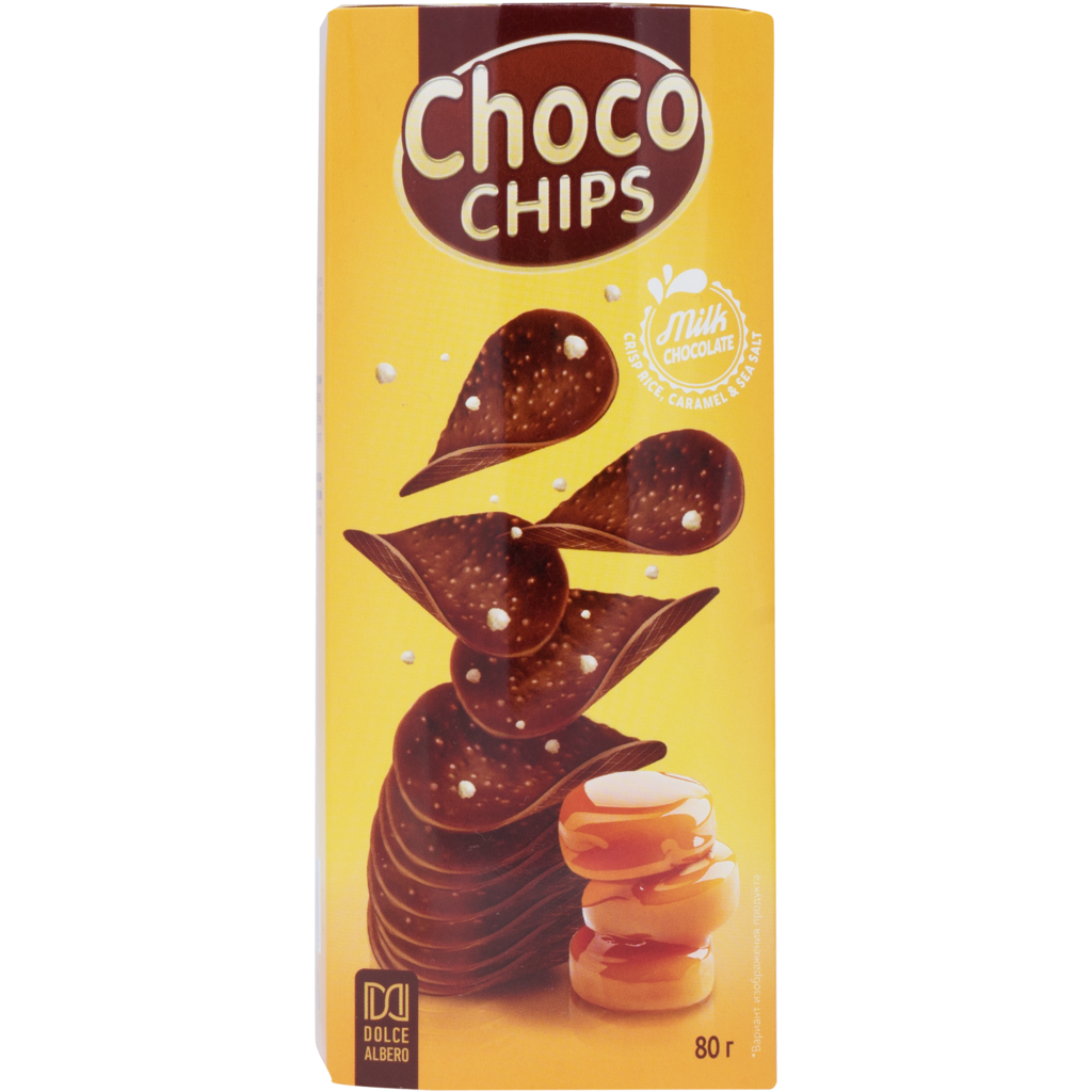 

Чипсы Dolce Albero из молочного шоколада с хрустящим рисом, карамелью с морской солью 80 г