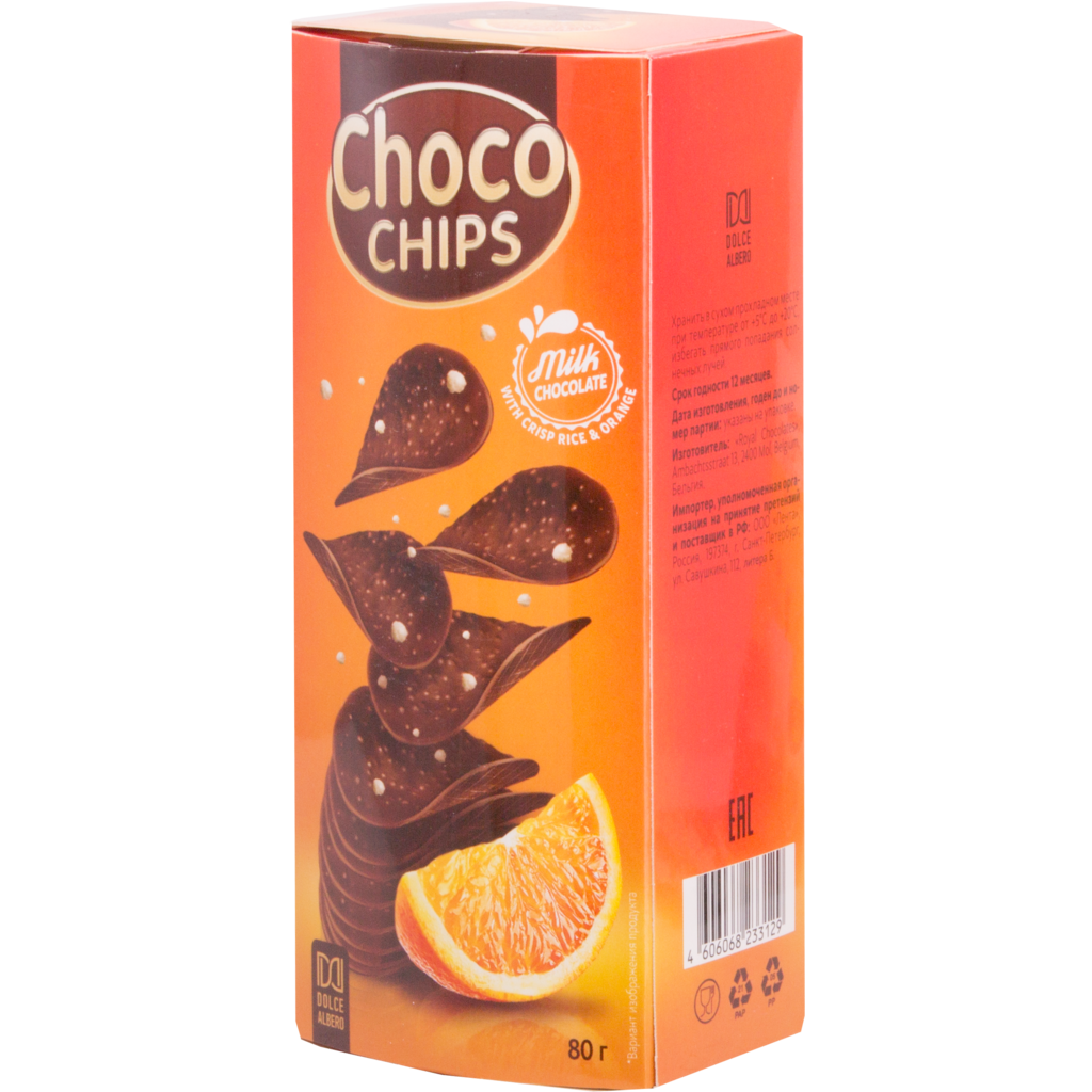 

Чипсы Dolce Albero из молочного шоколада с хрустящим рисом и ароматом апельсина 80 г