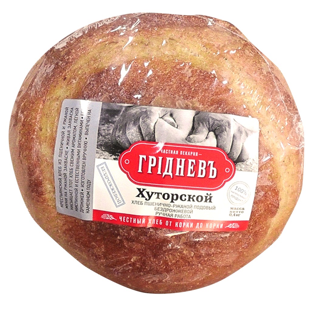 

Хлеб серый Грiдневъ Хуторской пшенично-ржаной BIO 400 г, Хуторской пшенично-ржаной