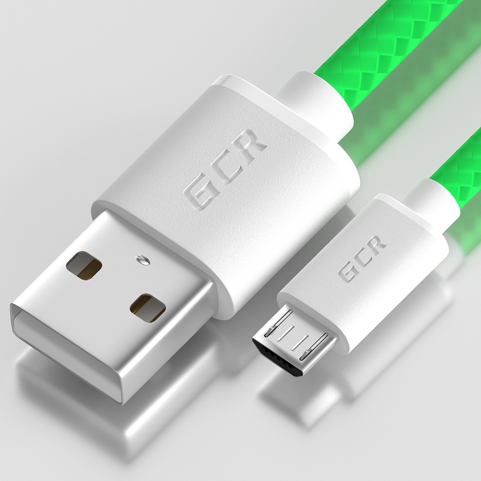 фото Gcr кабель 0.5м microusb, белый, зеленые коннекторы, 28/28 awg, экран, морозостойкий