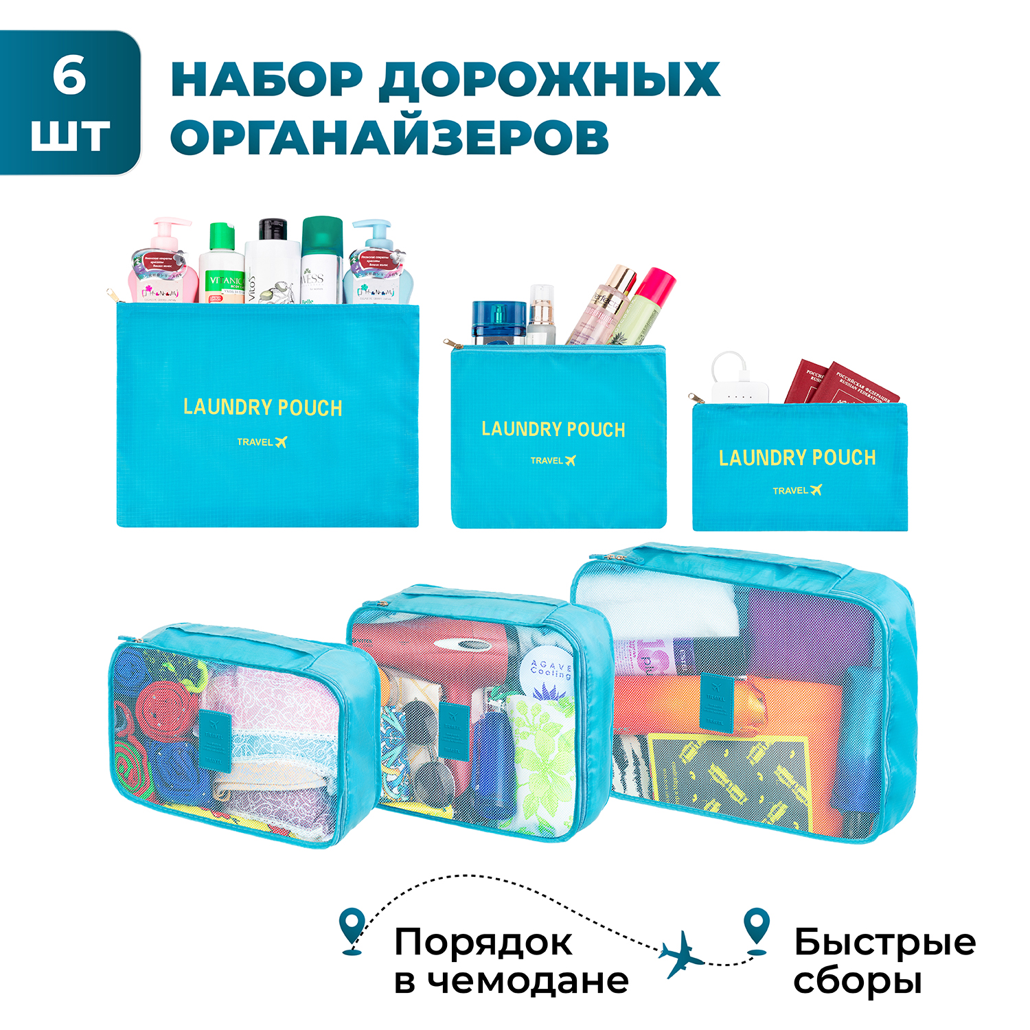 

Набор 6 дорожных органайзеров El Casa Голубой, 3 органайзера и 3 косметички