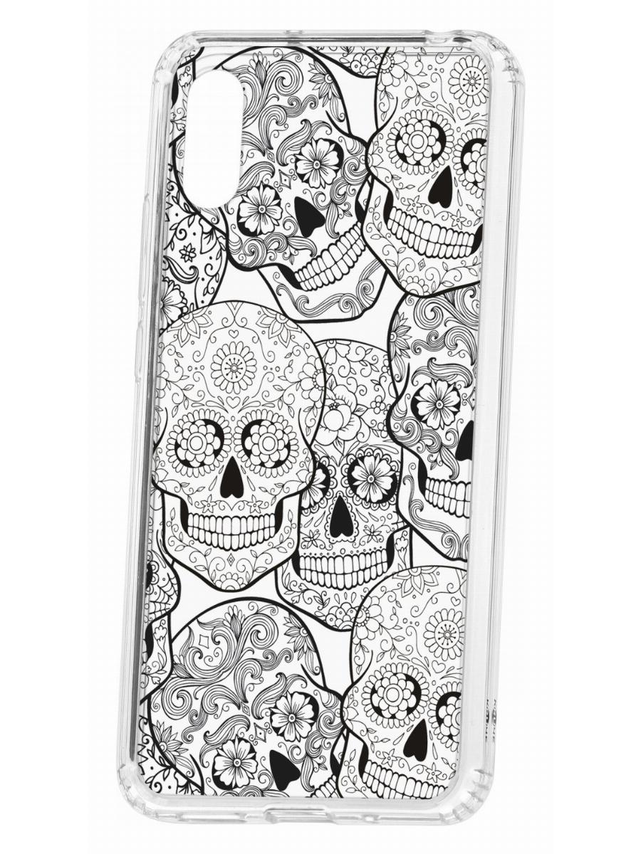 Чехол на Redmi 9A Kruche Print Skull Black,противоударный бампер,с защитой камеры