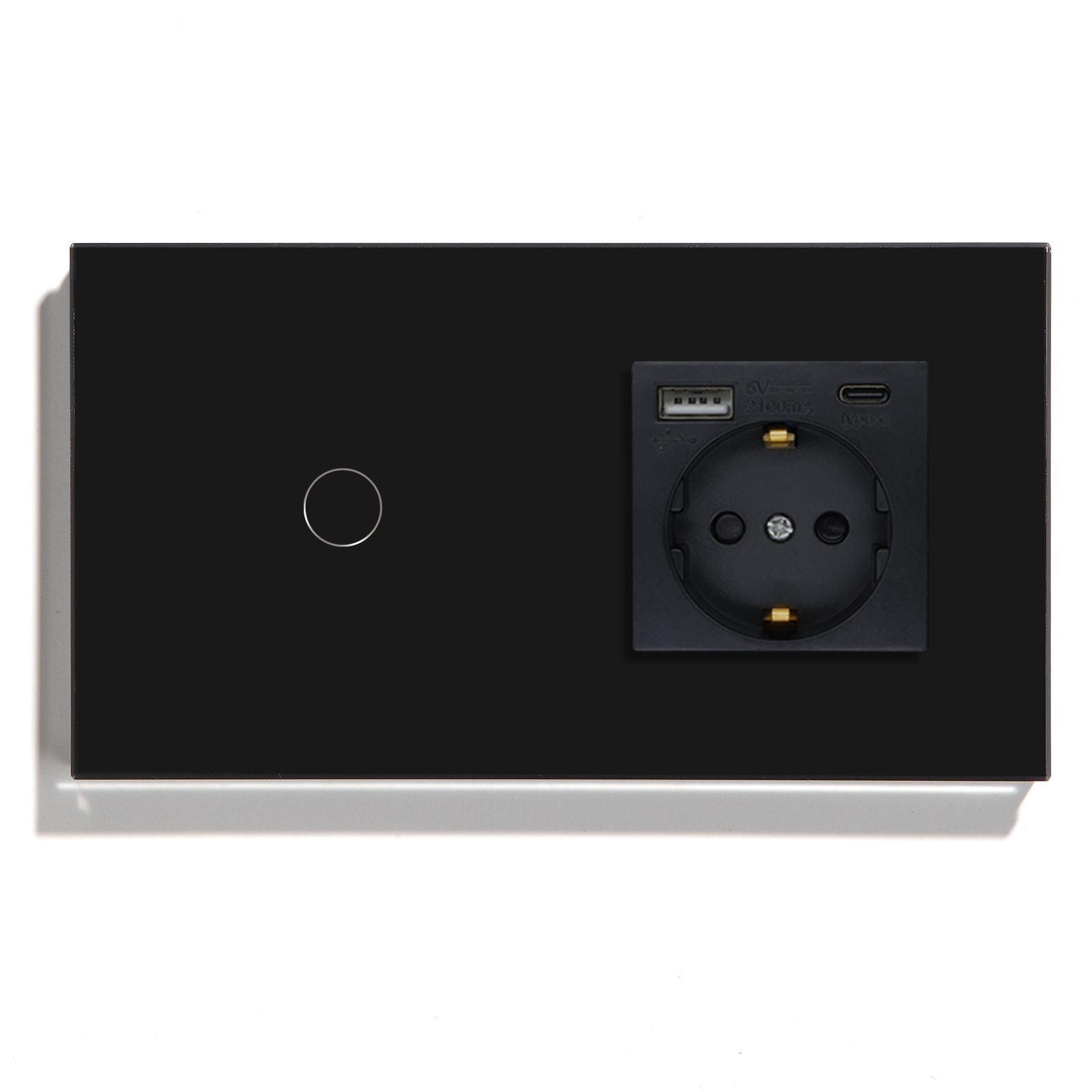 

Сенсорный выключатель SafOnOff с розеткой, USB и Type C, чёрный сенсорный, Черный, однопостовая; VK123BWG1_с USB и Type-C портами