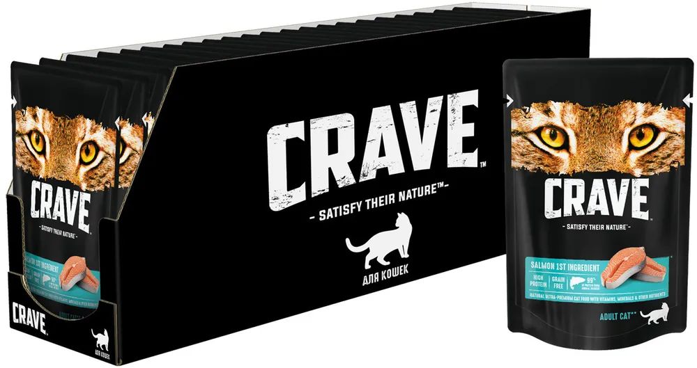 Корм консервированный полнорационный CRAVE для взрослых кошек с Лососем, 70г х 30 штук в у