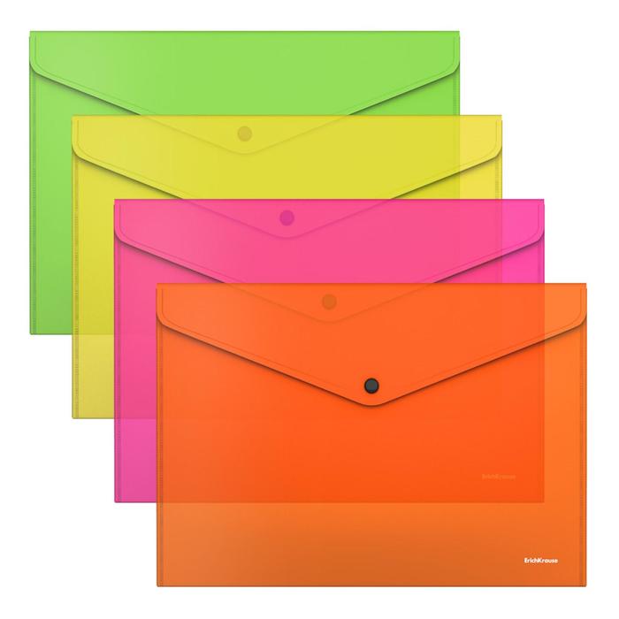 

Папка-конверт на кнопке А4, 180 мкм, ErichKrause Glossy Neon, глянцевая, пластиковая, полу, Прозрачный
