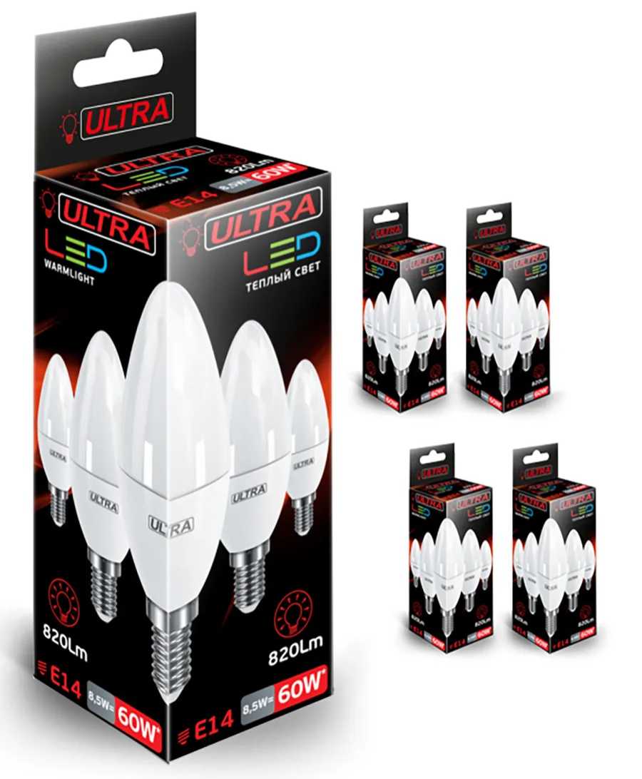 

Лампочка свеча Ultra Led С37 8,5W E14, Теплый белый свет, E14, 8.5 Вт, Светодиодная, 5 шт., C37 8,5W E14 3000K х 5 уп.