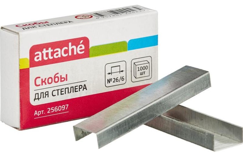 

Скобы для степлера №26/6 "Attache", 1000 штук, Серебристый