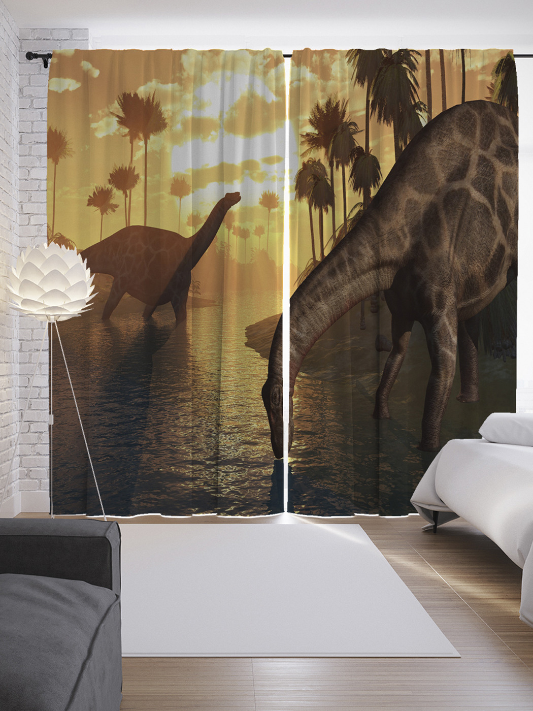 

Шторы с фотопечатью "Водопой динозавров" из сатена, 290х265 см
