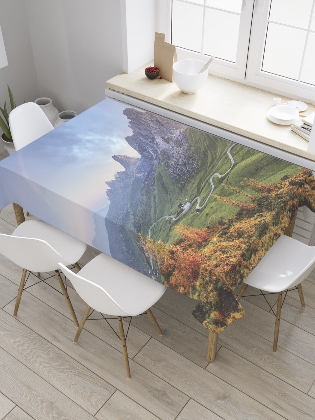 

Скатерть прямоугольная JoyArty "Полная радуга над горами" из сатена, 120x145 см, Голубой, Полная радуга над горами