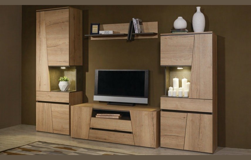 

Стенка для гостиной прямая SbkHome Стреза 280х47,4х208, дуб галифакс/бетон чикаго, Стреза