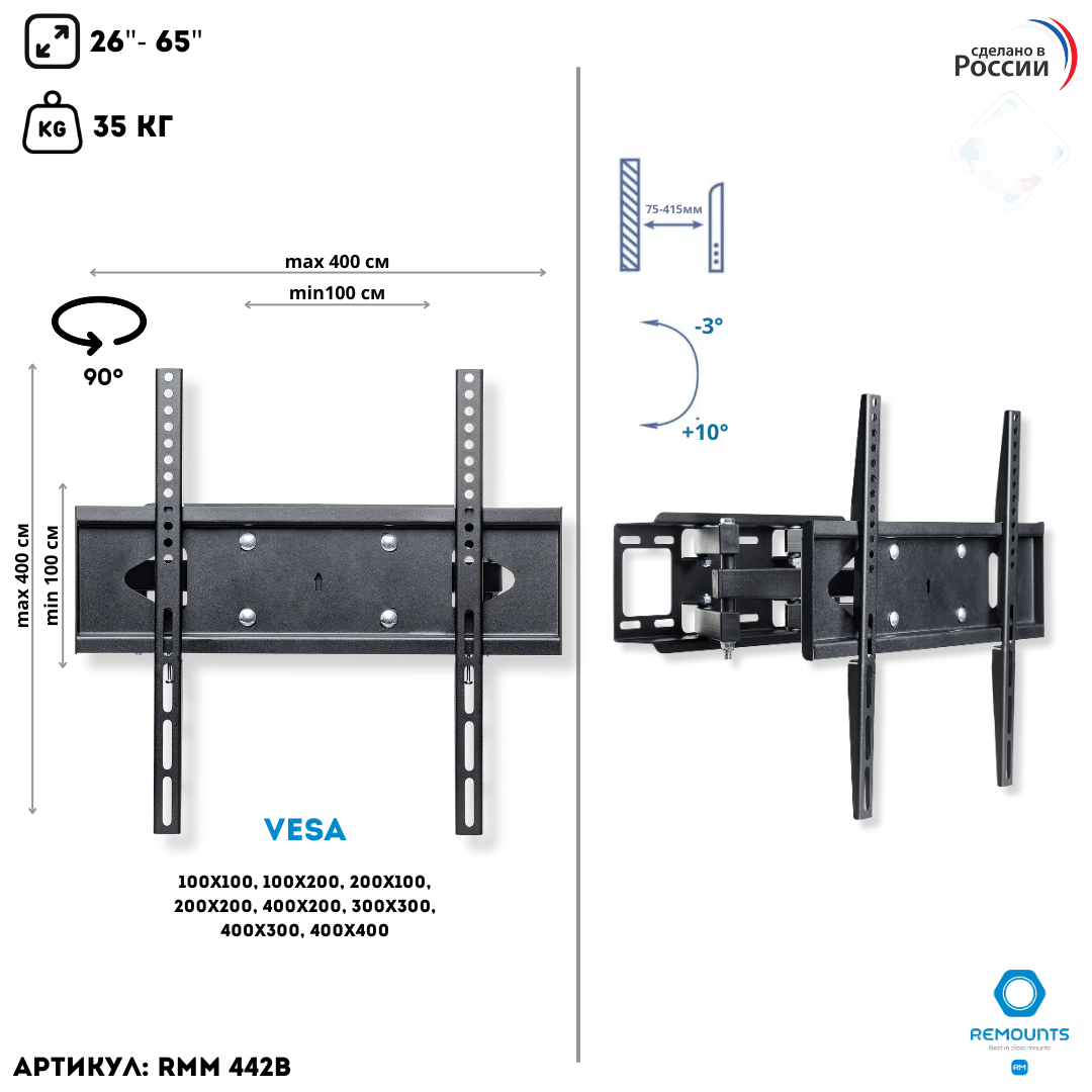 

Кронштейн для телевизора наклонно поворотный Remounts RMM 442B