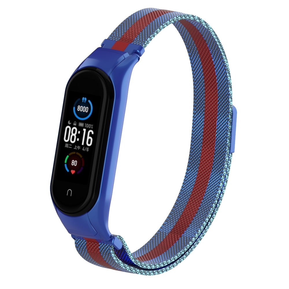 

Ремешок миланcкий из нержавеющей стали для Xiaomi Mi Band 5 (29), синий+красная полоса, на