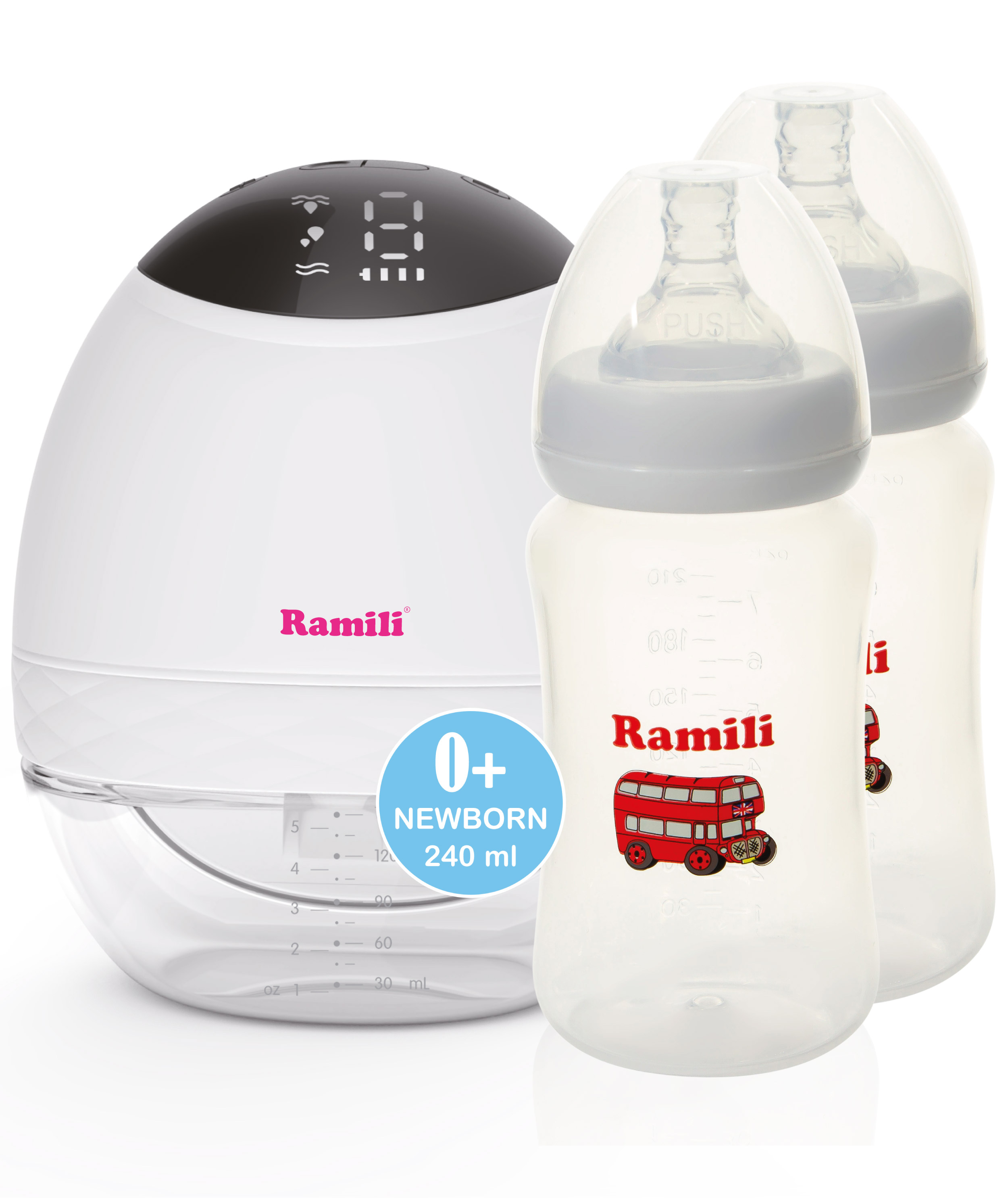 Двухфазный электрический молокоотсос Ramili SE500 с двумя бутылочками 240ML ручной молокоотсос ramili mc200 с двумя противоколиковыми бутылочками 240ml