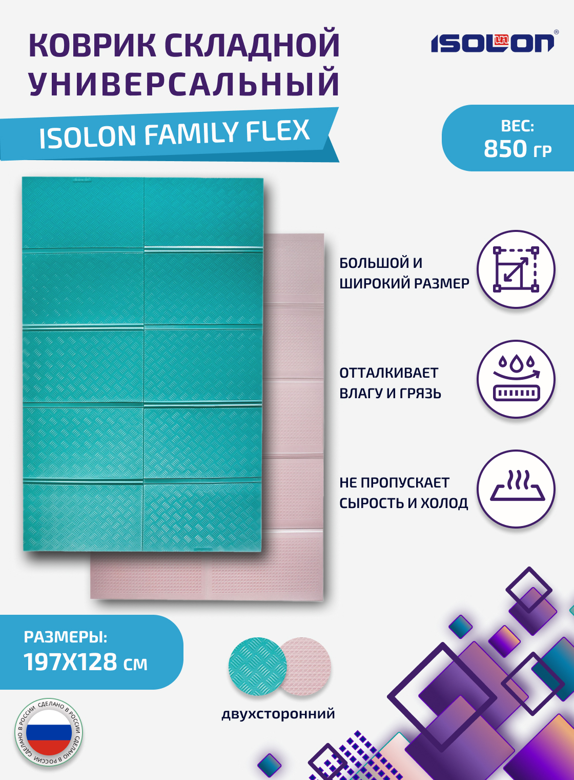 

Коврик туристический складной Isolon Family Flex 197х128см 8мм бирюзовый-розовый, FamilyFlex