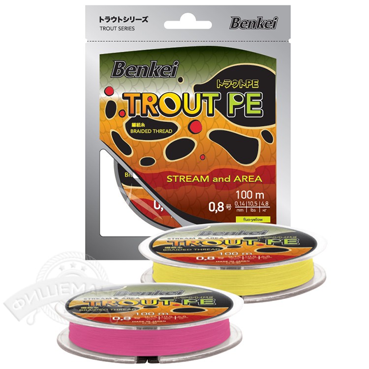 

Шнур Benkei Trout PE 100m, желтый fluo (#0,2 (0,074mm), 2kg)