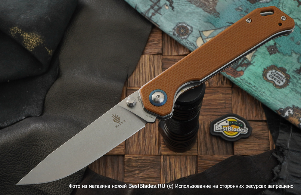 фото Складной нож kizer knives begleiter сталь vg 10, коричневая g-10