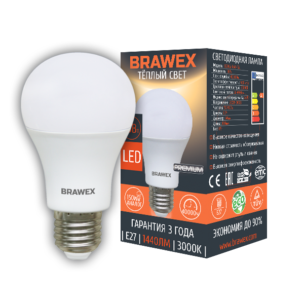 

Упаковка светодиодных ламп Brawex 13Вт 3000К А60 Е27 0314G-A60-13L 5шт