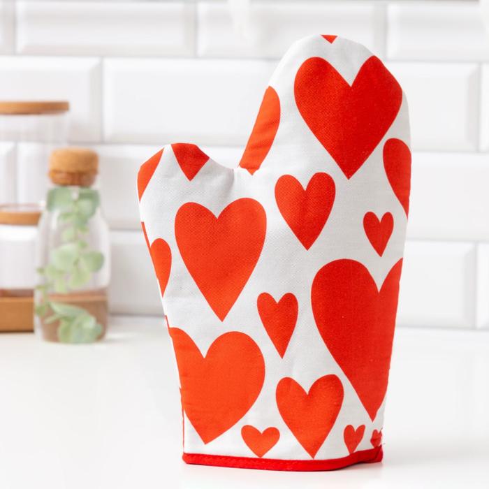 

Варежка-прихватка "Этель" Red hearts 20х27см,100% х/л, ватин 250г/м2 (двухсторонняя), Red hearts