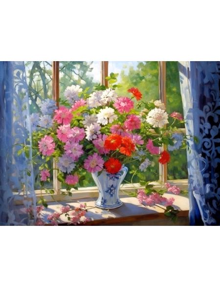 

Алмазная мозаика без подрамника Цветы на подоконнике, 70x50 см, 50 цветов, 67989, РА-511