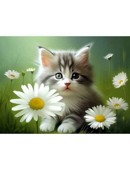 

Алмазная мозаика без подрамника Котёнок и ромашки, 50x40 см, 50 цветов, 67978, РА-510