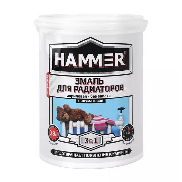 

Эмаль для радиаторов акриловая HAMMER 3 в 1 п/мат. белая 0,9 кг /9, Белый, Эмаль для радиаторов акриловая HAMMER 3 в 1 п/мат. белая 0,9 кг /9