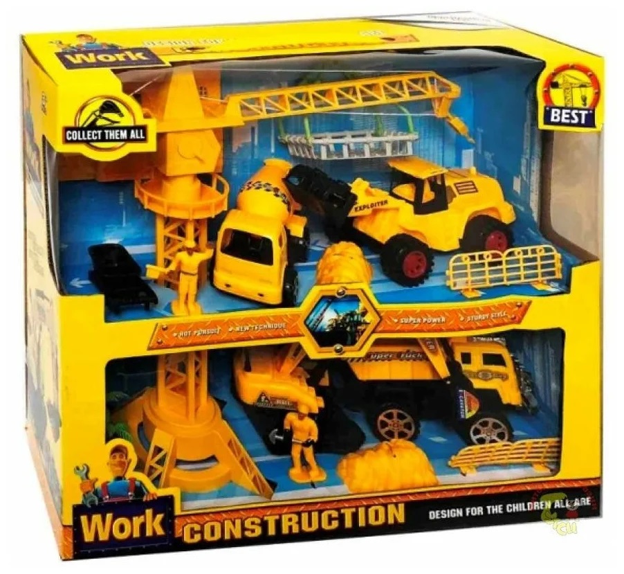 

Набор строительная техника Work Construction 5 машин,забор,дерево, здание, строитель 3226A, Желтый