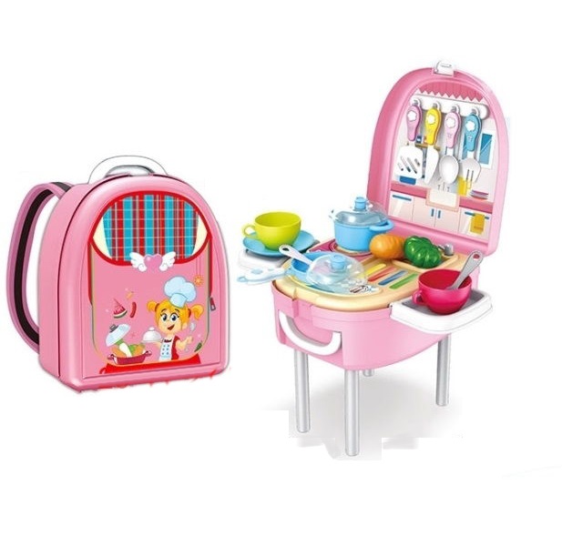 

Набор "Кухня" LITTLE CHEF в пластмассовом рюкзаке столовые приборы,посуда,овощи 678-301А, Розовый