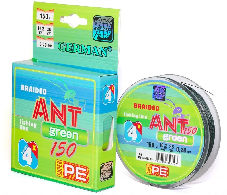 

Шнур плетеный German ANT X4 Braid 0.20 мм, 150 м, 16,2 кг, зеленый, 1 шт, ANT Green X4 Braid
