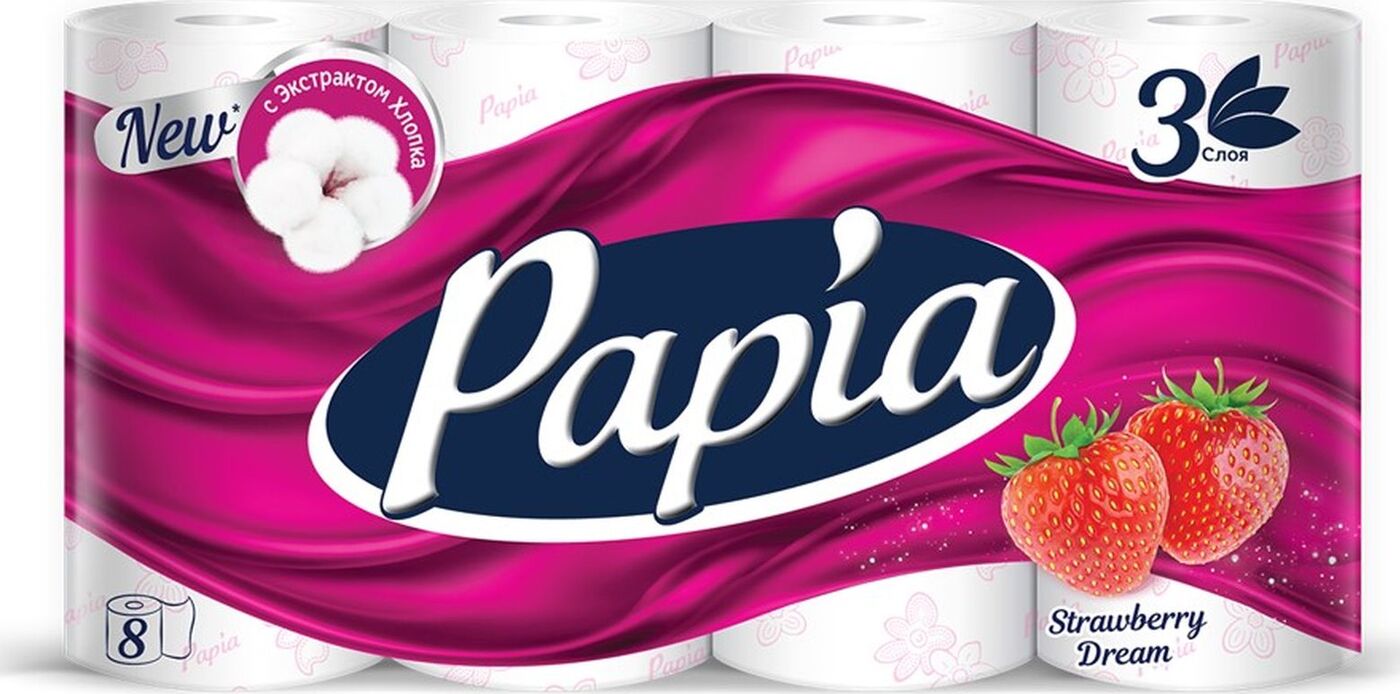 Бумага туалетная Papia Strawberry Dream с рисунком, трехслойная, белая, 8 рулонов