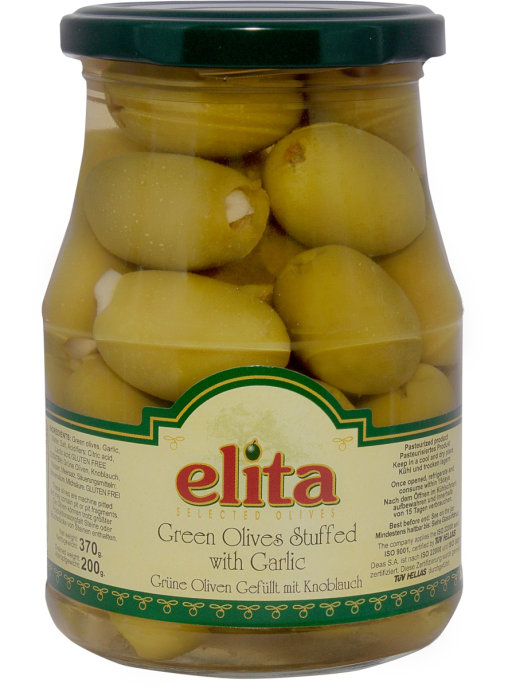 

Зеленые оливки фаршированные чесноком "ELITA" 370мл ст/б (Греция)