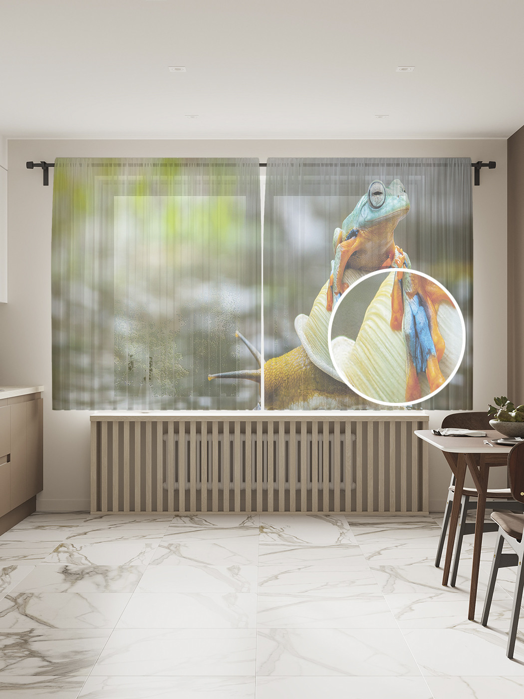 

Фототюль JoyArty "Квакша на улитке", 145x180 см (2 полотна со шторной лентой + 50 крючков), Квакша на улитке