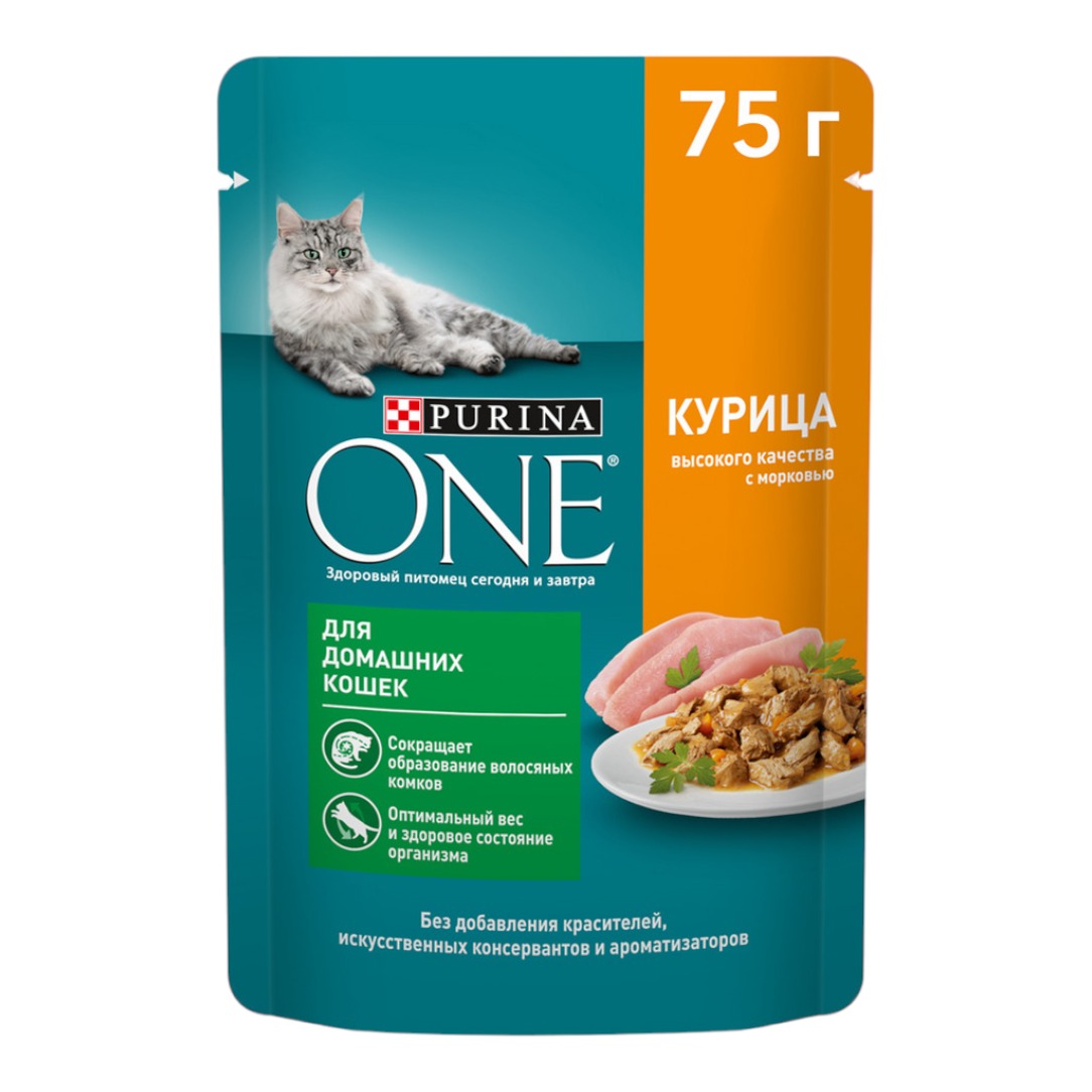 Влажный корм для кошек Purina ONE для домашних курица и морковь 75 г 39₽