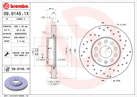 

Тормозной диск brembo комплект 1 шт. 0991451X