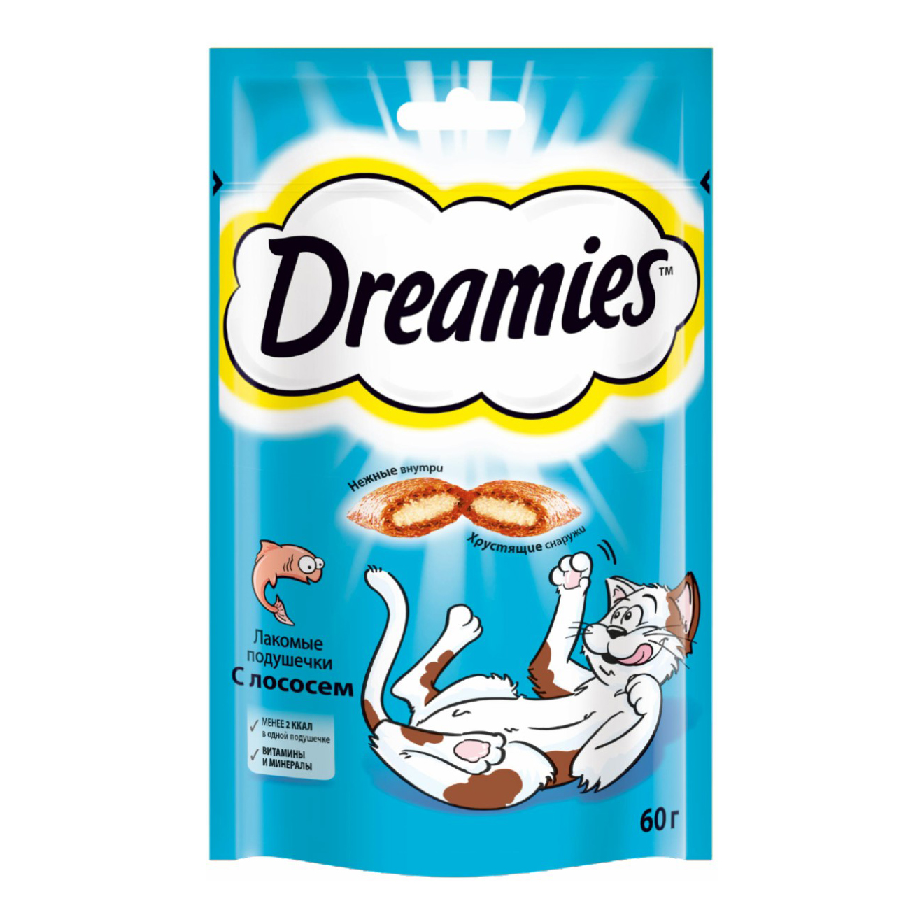 Лакомство для кошек Dreamies Лакомые подушечки с лососем,60 г