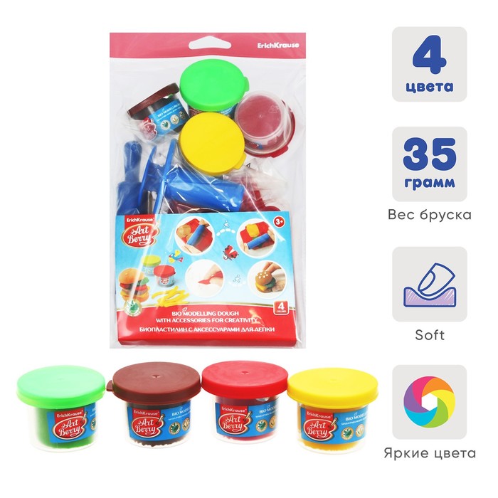 

Тесто для лепки с аксессуарами 4 баночки по 35г, ErichKrause ArtBerry Happy Burger, европо, Premium ArtBerry