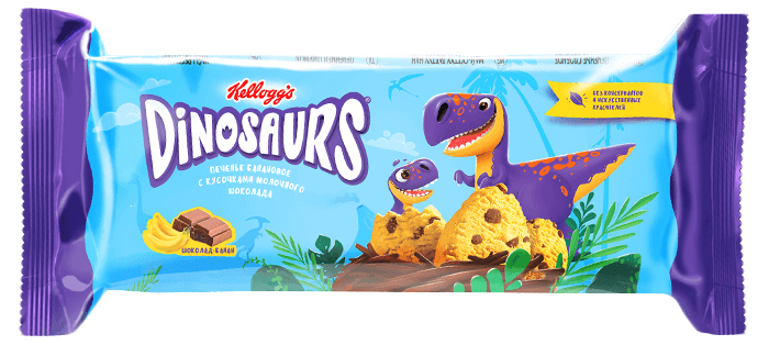 фото Печенье kellogg's dinosaurs сдобное банановое с кусочками молочного шоколада 120 г kelloggs