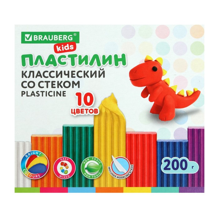 Пластилин 10цв 200г BRAUBERG KIDS, со стеком 106504