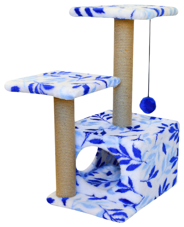 фото Комплекс для кошек zooexpress fantasy, куб, 2 полки, 2 входа, мех, с рисунком, 44x55x76 см