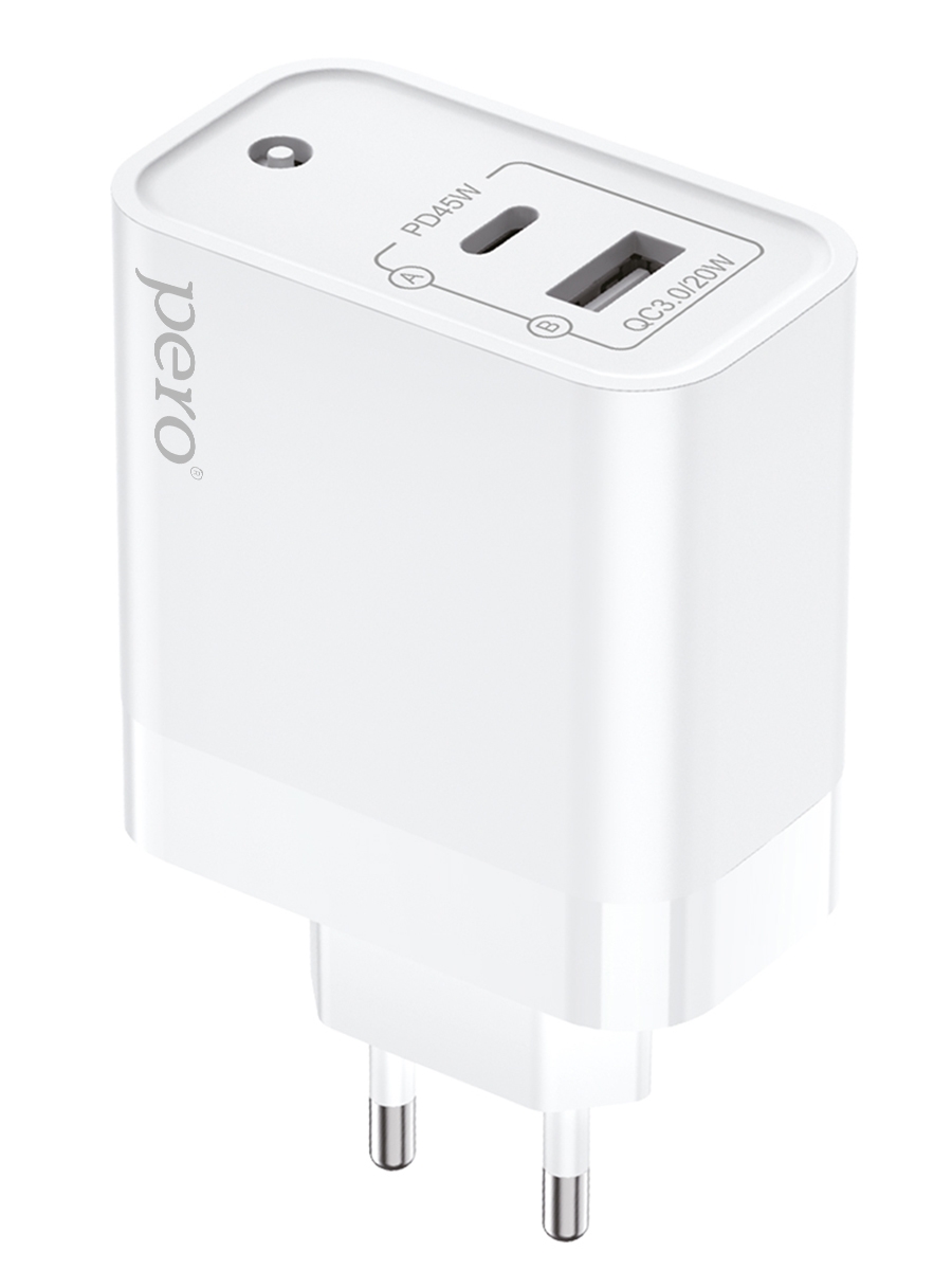 Сетевое зарядное устройство PERO TC15, USB-A QC 3.0 + USB-C PD, 65W white (Белый)