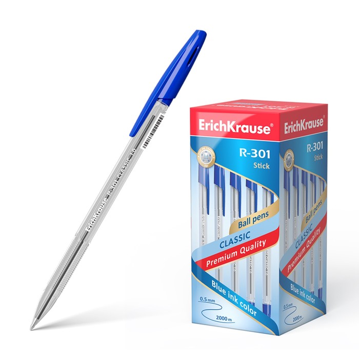 

Ручка шариковая ErichKrause R-301 Classic Stick, узел 1.0 мм, чернила синие, длина линии п