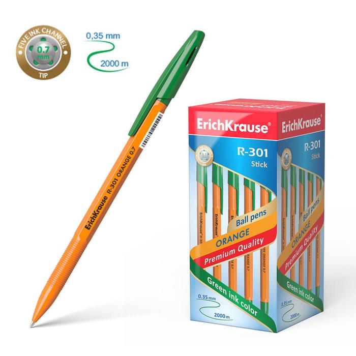 

Ручка шариковая ErichKrause R-301 Orange Stick, узел 0.7 мм, чернила зелёные, 9 штук