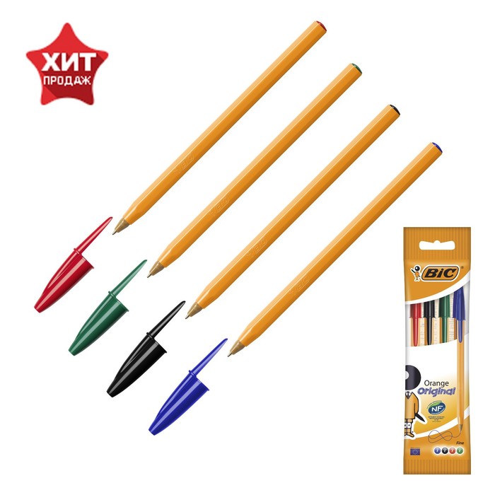 

Набор ручек шариковых, BIC Orange Fine, 4 штуки, узел 0.8 мм, чернила синие, черные, красн