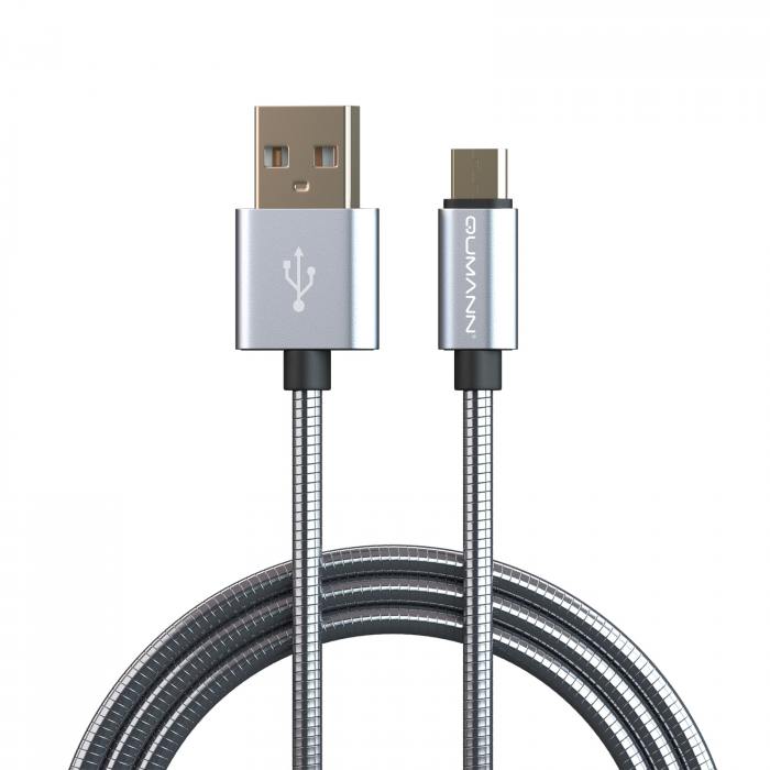 Кабель Qumann micro USB 1м 2,4А металл.корд серебро