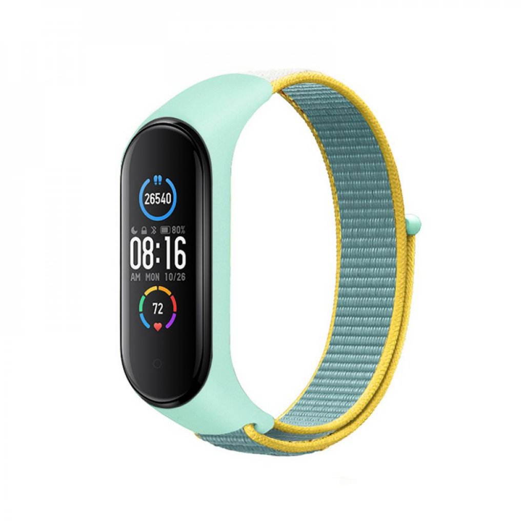 

Ремешок нейлоновый для Xiaomi Mi Band 3/4/5 (30), голубой+желтый, на липучке