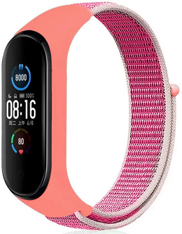 

Ремешок нейлоновый для Xiaomi Mi Band 3/4/5 (1), розовый, на липучке
