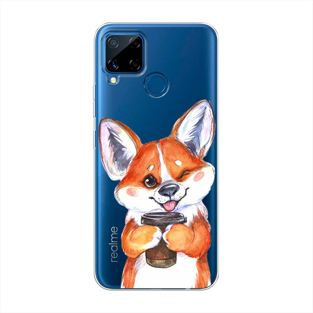 

Чехол на Oppo Realme C15 "Корги с кофе", Оранжевый;белый, 255050-4