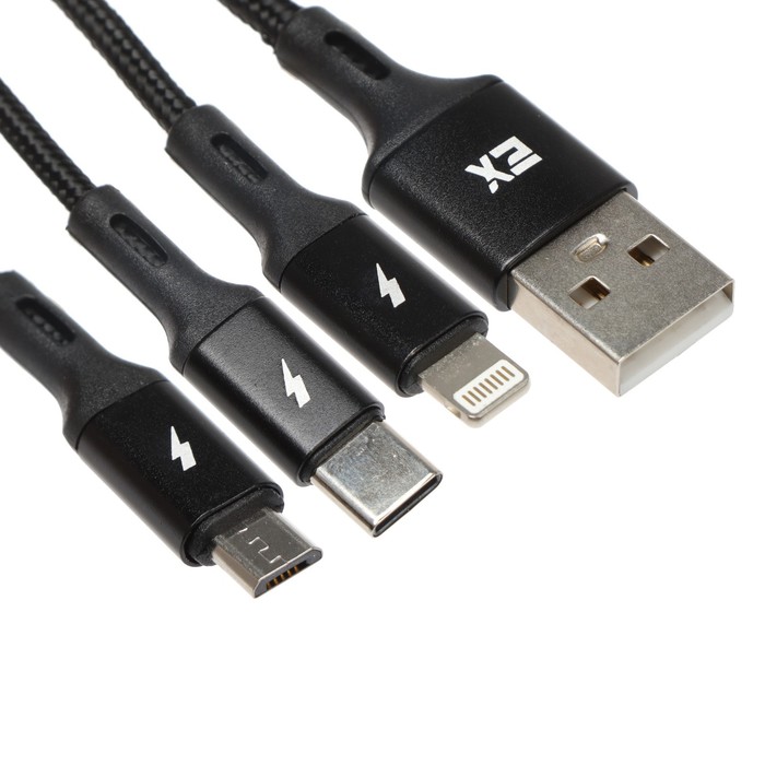 

Кабель 3 в 1 Exployd EX-K-1417, USB - microUSB/Lightning/Type-C, 2.4 А, 1.2м, черный