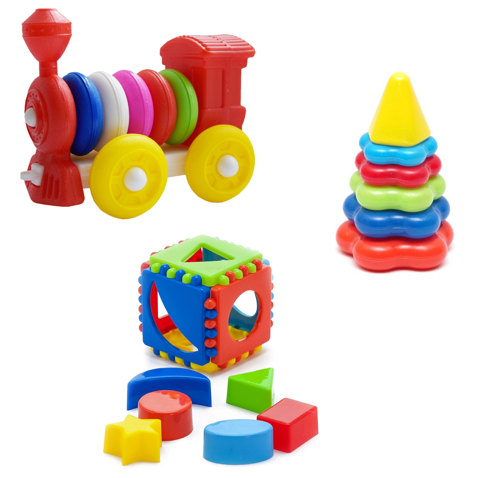 

Развивающие игрушки Karolina Toys Кубик лог. Мал+Пирамида+Мал Констр.-каталка Паровозик